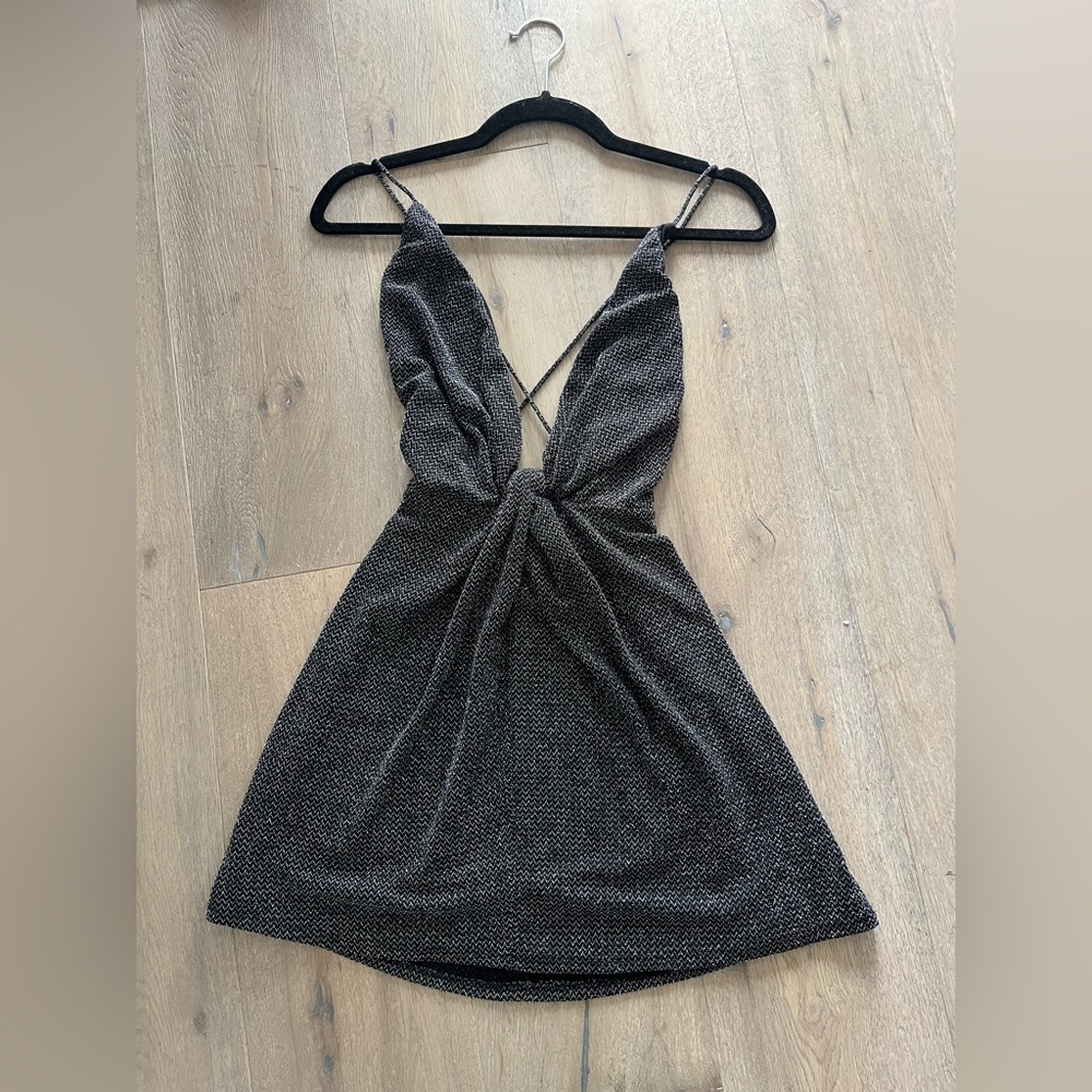 REFORMATION Sparkly Black and Silver Plunge Neckline Mini Cocktail Dress